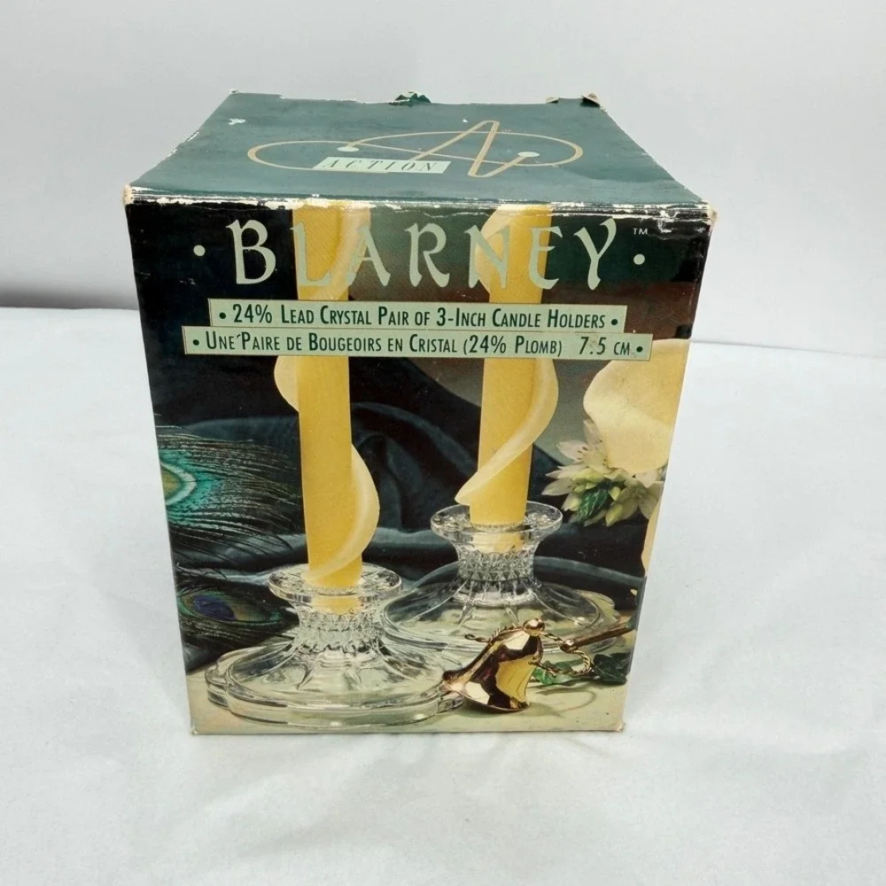 VTG 24% Lead Crystal Candle Holders Blarney Scalloped w/ Box Pair 3in Elegant